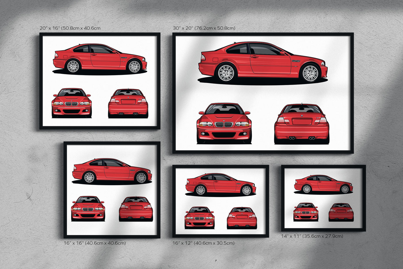 Framed BMW M3 3 Series (E46) Imola Red Side Front Rear Profile Poster Wall Art