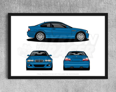 Framed BMW M3 3 Series (E46) Laguna Seca Blue Side Front Rear Profile Poster Wall Art
