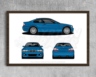 Framed BMW M3 3 Series (E46) Laguna Seca Blue Side Front Rear Profile Poster Wall Art