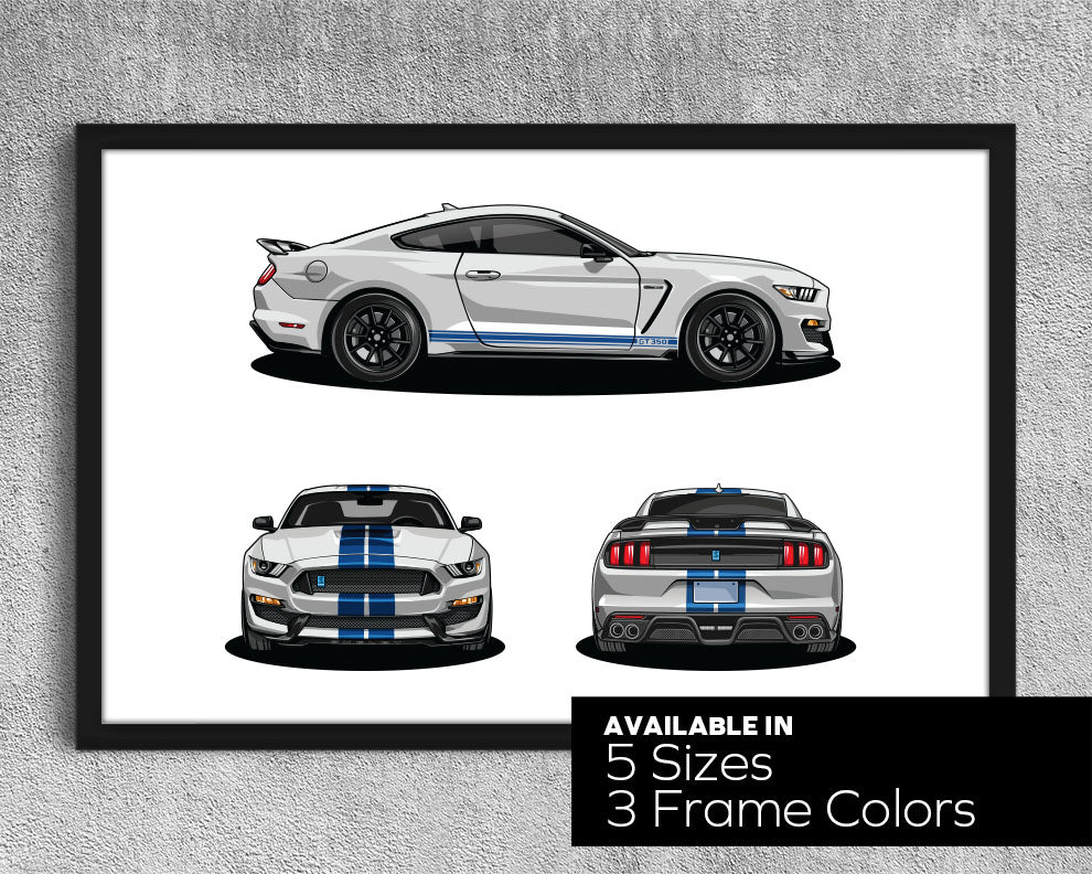 Framed Ford Mustang GT350 GT500 (S550) Cobra White Blue Stripes Side Front Rear Profile Poster