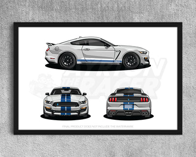 Framed Ford Mustang GT350 GT500 (S550) Cobra White Blue Stripes Side Front Rear Profile Poster