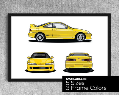Framed Honda Acura Integra Type-R JDM (DB6-DB9, DC1-DC2, Dc4) Yellow Side Front Rear Profile Poster Wall Art