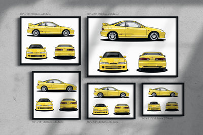 Framed Honda Acura Integra Type-R JDM (DB6-DB9, DC1-DC2, Dc4) Yellow Side Front Rear Profile Poster Wall Art