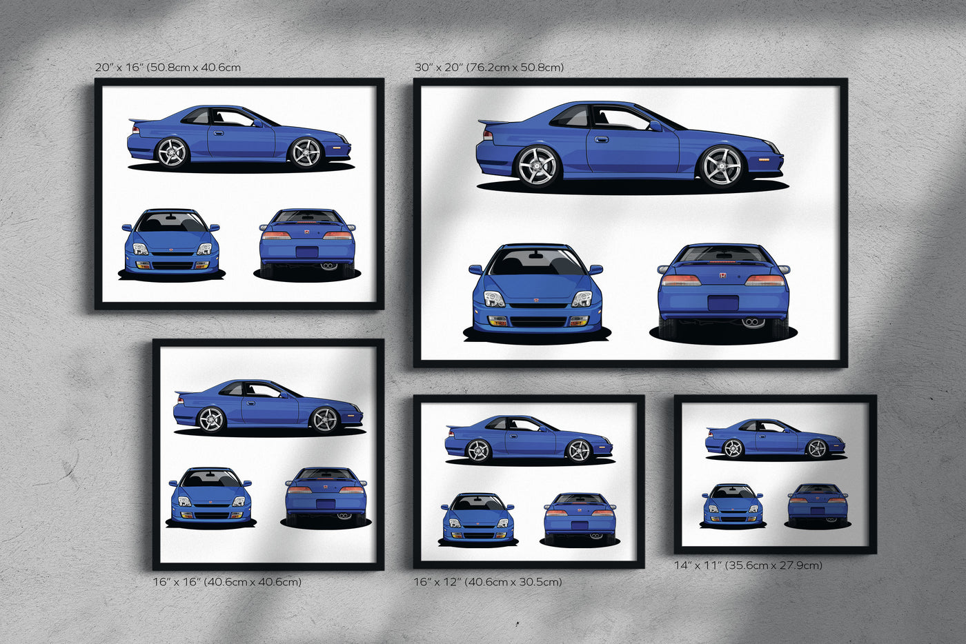 Framed Honda Prelude Type-SH Type-S (BB5-BB9) Blue Side Front Rear Profile Poster Wall Art