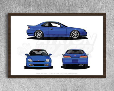 Framed Honda Prelude Type-SH Type-S (BB5-BB9) Blue Side Front Rear Profile Poster Wall Art