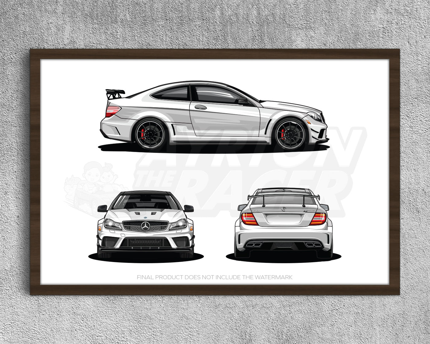 Framed Mercedes Benz AMG C63 Black Series C-Class (W204) Silver White Side Front Rear Profile Poster Wall Art