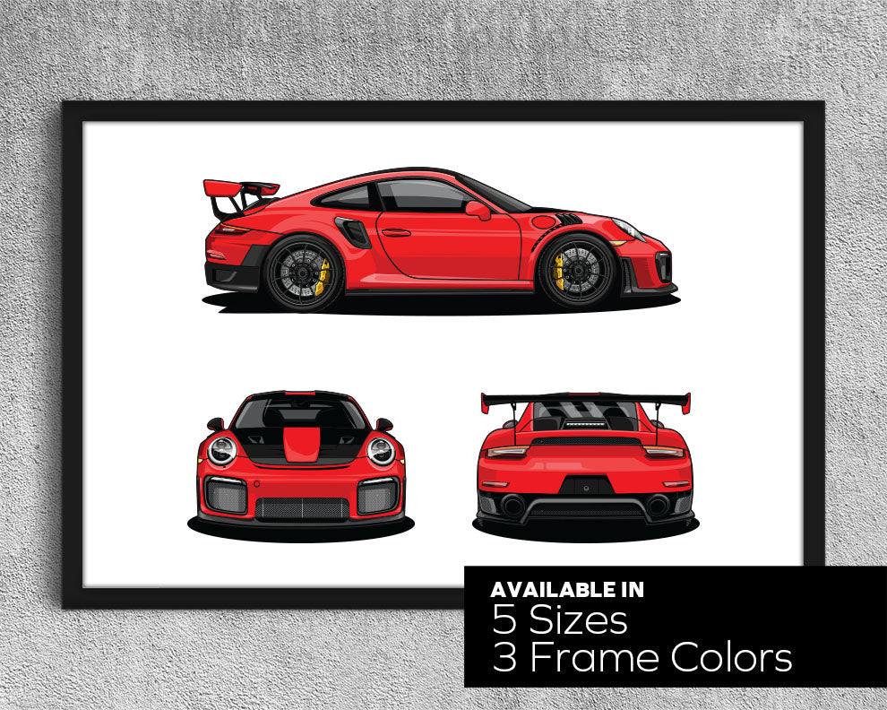 Framed Porsche 911 GT2 RS (991) Red Side Front Rear Profile Poster Wall Art