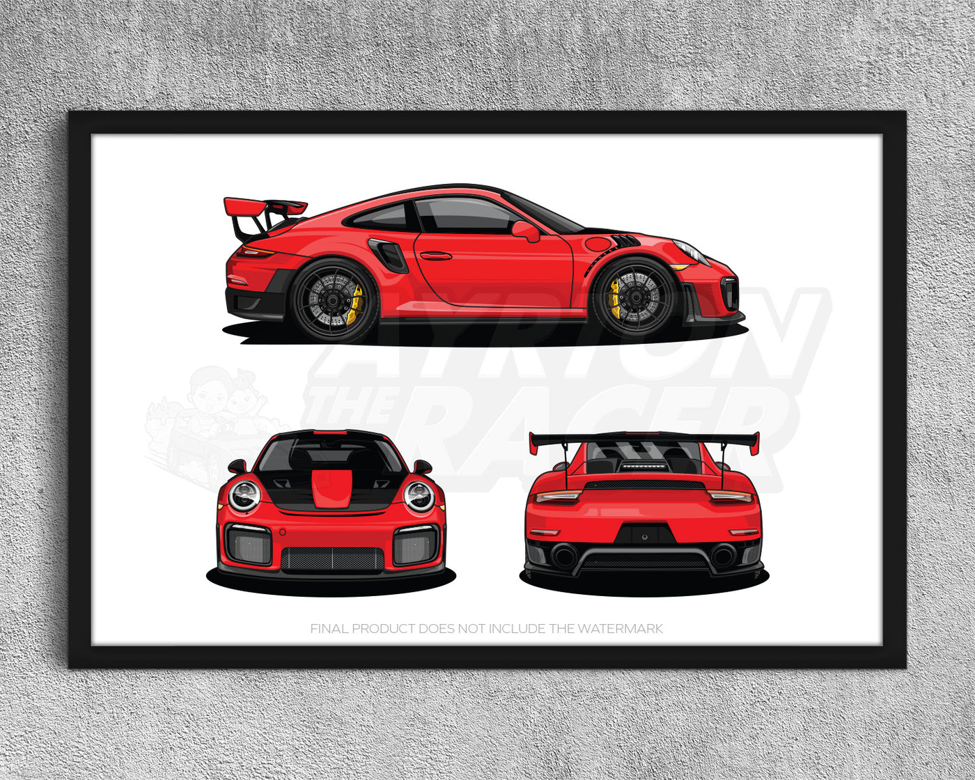 Framed Porsche 911 GT2 RS (991) Red Side Front Rear Profile Poster Wall Art